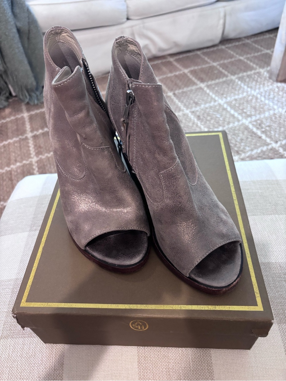 Open-Toe Suede Mules in Taupe